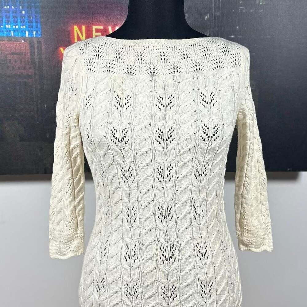 Cream Cable Knit Boatneck Mini Sweater Dress